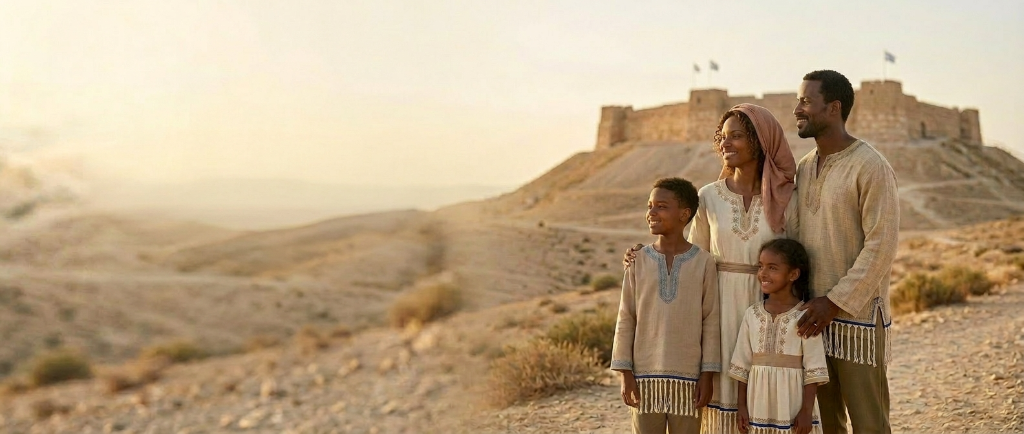 An Israelite Apostolic family standing together, looking forward with hope and purpose, set against an ancient desert fortress landscape